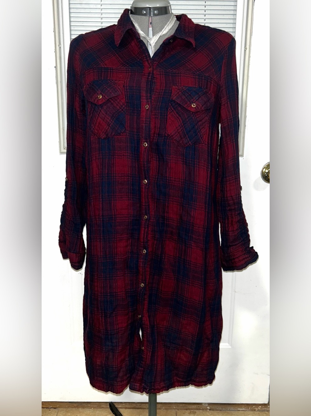 Red and Navy Plaid Button-Down Tunic